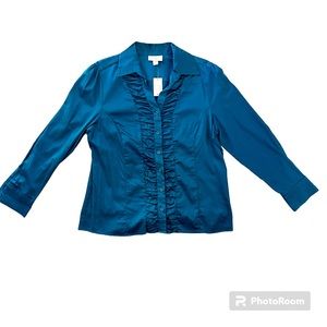 NWT Dress Barn Women’s Button Down Ruffle Blouse, Blue, size XL